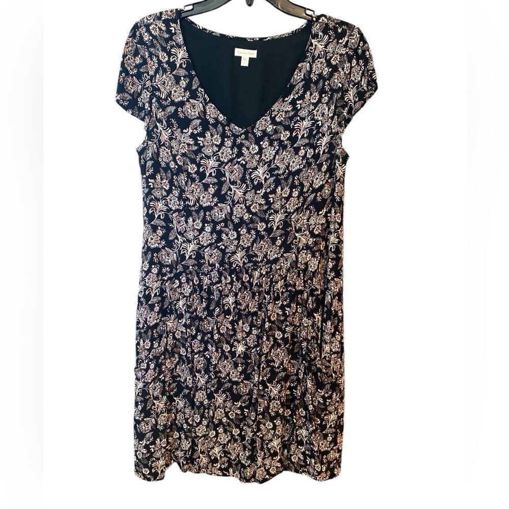 Garnet Hill Sz 8 Black Cream Floral Stretch Lined Side Pockets Everyday Dress
